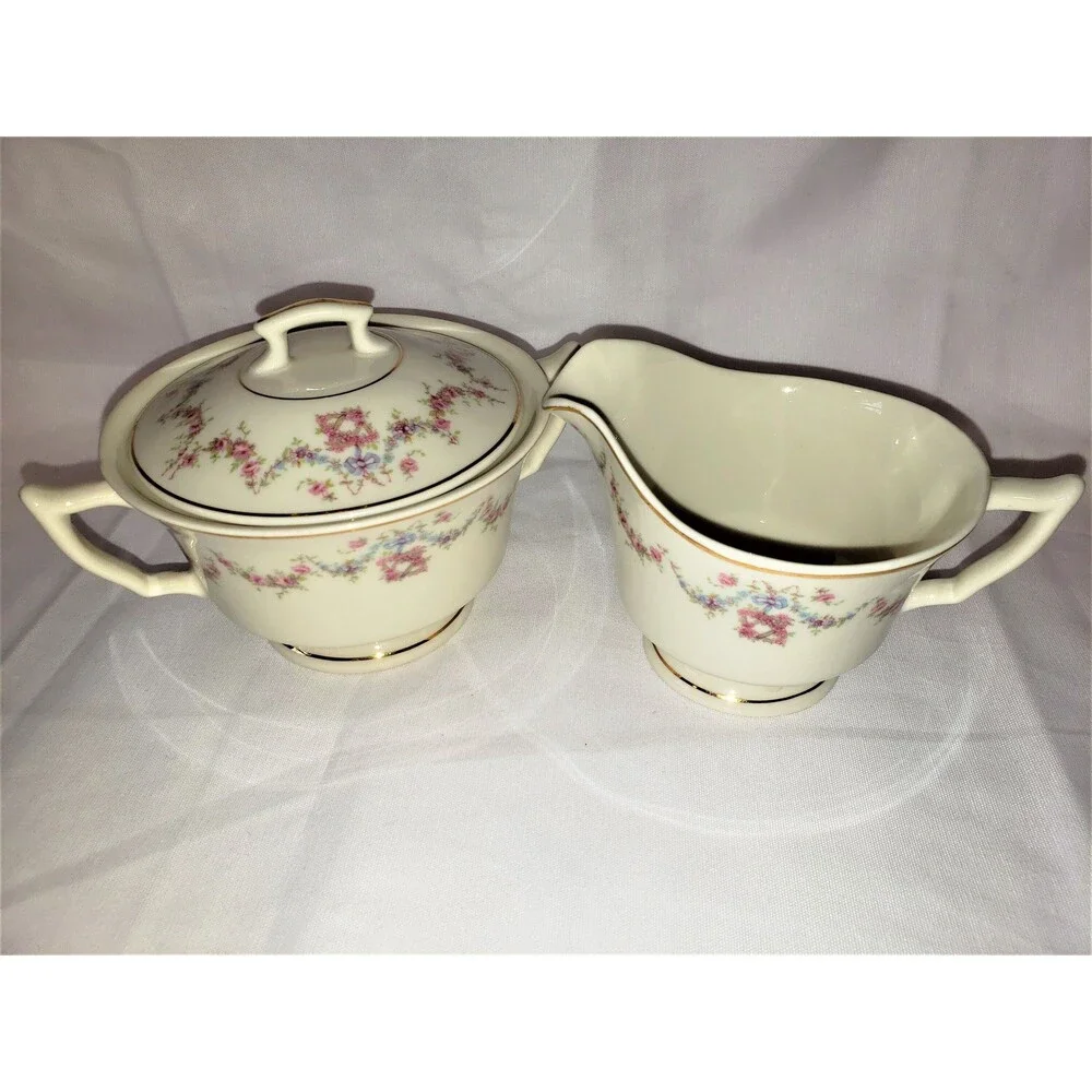 VTG Old Ivory Covered Sugar Bowl Creamer W/Lid Floral Arcadia Syracuse China 50s